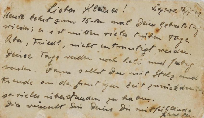 Letter that Anna Gelles wrote her sister Frida Steinbock on her 15th birthday.  Lozove, 16 January 1942:
