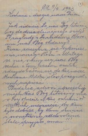 The parting letter that Zvi and Rivka Weisman sent their children, Lonek and Chaim Akiva in Eretz Israel on 9 April, 1943 from the Czortkow ghetto
